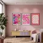 Canlı Pembe Floral Kompozisyon 3lü Siyah Çerçeveli Tablo Seti Bohem Tablo Poster Tablo Resim