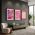 Canlı Pembe Floral Kompozisyon 3lü Siyah Çerçeveli Tablo Seti Bohem Tablo Poster Tablo Resim