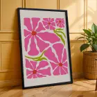 Canlı Pembe Floral Kompozisyon 3lü Siyah Çerçeveli Tablo Seti Bohem Tablo Poster Tablo Resim