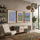 Mavi Yeşil Organik Desenler 3lü Ahşap Çerçeveli Tablo Seti Duvar Tablo Oda Dekorasyonu Dekoratif