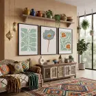 Retro Botanik Üçlü 3lü Siyah Çerçeveli Tablo Seti Bohem Tablo Salon Duvar Tablo Poster Tablo