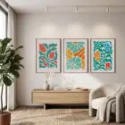 Canlı Soyut Çiçekler Üçlüsü 3lü Ahşap Çerçeveli Tablo Seti Bohem Tablo Duvar Tablo Oda Dekorasyonu