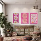 Fuşya Papatya Rüyası 3lü Beyaz Çerçeveli Tablo Seti Poster Tablo Resim Çerçevesi Dekoratif Obje