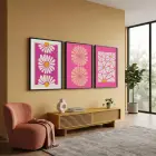 Fuşya Papatya Rüyası 3lü Siyah Çerçeveli Tablo Seti Duvar Tablo Oda Dekorasyonu Salon Aksesuarları
