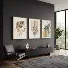 Sakin Botanik Soyutlama 3lü Ahşap Çerçeveli Tablo Seti Bohem Tablo Duvar Tablo Oda Dekorasyonu