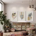 Sakin Botanik Soyutlama 3lü Beyaz Çerçeveli Tablo Seti Bohem Tablo Duvar Tablo Oda Dekorasyonu