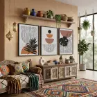 Toprak Tonları Botanik Soyut 3lü Siyah Çerçeveli Tablo Seti Bohem Tablo Salon Duvar Tablo Poster