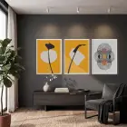Hardal Sarısı Soyut Formlar 3lü Beyaz Çerçeveli Tablo Seti Resim Çerçevesi Tablo Salon Aksesuarları