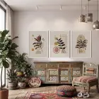 Soyut Toprak Tonları Yapraklar 3lü Beyaz Çerçeveli Tablo Seti Poster Tablo Resim Çerçevesi