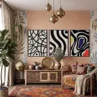 Modern Siyah Beyaz Dalgalar 3lü Siyah Çerçeveli Tablo Seti Duvar Tablo Oda Dekorasyonu Salon