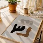 Bej Tonlarında Soyut Formlar 3lü Ahşap Çerçeveli Tablo Seti Salon Duvar Tablo Poster Tablo