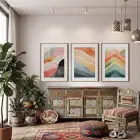 Soyut Pastel Ufuklar 3lü Ahşap Çerçeveli Tablo Seti Duvar Tablo Oda Dekorasyonu Dekoratif Obje