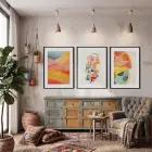 Soyut Sıcak Tonlu Kompozisyon 3lü Siyah Çerçeveli Tablo Seti Poster Tablo Resim Çerçevesi Dekoratif
