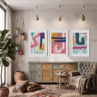 Dinamik Soyut Renk Kompozisyonu 3lü Beyaz Çerçeveli Tablo Seti Tablo Çerçeve Duvar Dekoru Ev