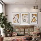 Toprak Tonları Soyut Desen 3lü Siyah Çerçeveli Tablo Seti Duvar Tablo Oda Dekorasyonu Salon