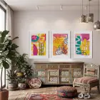 Renkli Soyut Enerji 3lü Beyaz Çerçeveli Tablo Seti Tablo Çerçeve Salon Duvar Tablo Dekor