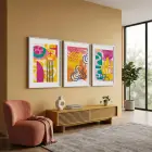 Renkli Soyut Enerji 3lü Beyaz Çerçeveli Tablo Seti Tablo Çerçeve Salon Duvar Tablo Dekor
