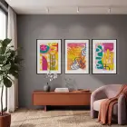 Renkli Soyut Enerji 3lü Siyah Çerçeveli Tablo Seti Poster Tablo Resim Çerçevesi Dekoratif Obje