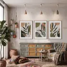Soyut Botanik Yeşil Set 3lü Ahşap Çerçeveli Tablo Seti Bohem Tablo Resim Çerçevesi Tablo Salon
