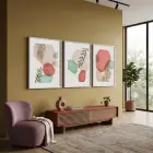 Pastel Soyut Yaprak Formları 3lü Beyaz Çerçeveli Tablo Seti Salon Duvar Tablo Poster Tablo