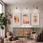 Bohem Gün Batımı Soyutları 3lü Ahşap Çerçeveli Tablo Seti Bohem Tablo Duvar Tablo Oda Dekorasyonu
