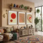 Terracotta Geometrik Formlar 3lü Ahşap Çerçeveli Tablo Seti Resim Çerçevesi Tablo Salon