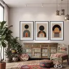 Geometrik Toprak Tonları Yay Seti 3lü Siyah Çerçeveli Tablo Seti Resim Çerçevesi Tablo Salon