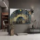 Göksel Harita Antik Mavi Altın Tekli Cam Tablo Ev Dekorasyonu Oda