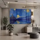 Yıldızlı Gece Mavisi Sarı Tekli Cam Tablo Salon Oturma Odası Duvar Dekoru