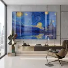 Yıldızlı Gece Mavisi Sarı Tekli Cam Tablo Salon Oturma Odası Duvar Dekoru