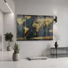 Antik Harita Lacivert Altın Tonları Tekli Cam Tablo Duvar Salon Aksesuarları