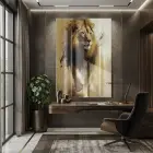 Vahşi Aslan Sıcak Altın Kahve Tekli Cam Tablo Ev Dekorasyonu Oda