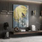 Kuş Çiçekleri Pastel Mavi Sarı Tekli Cam Tablo Salon Oturma Odası Duvar Dekoru