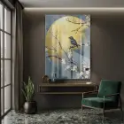 Kuş Çiçekleri Pastel Mavi Sarı Tekli Cam Tablo Salon Oturma Odası Duvar Dekoru