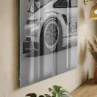 Yarış Otomobili Monokrom Beyaz Tekli Cam Tablo Ev Dekorasyonu Oda