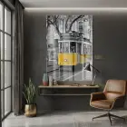 Tramvay Şehir Canlı Sarı Gri Tekli Cam Tablo Ev Dekorasyonu Oda