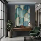 Geometrik Desen Turkuaz Bej Tonlar Tekli Cam Tablo Salon Oturma Odası Duvar Dekoru