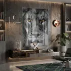 Aslan Portresi Gri Turuncu Tekli Cam Tablo Duvar Salon Aksesuarları