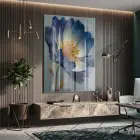 Transparan Çiçek Mavi Gri Ton Tekli Cam Tablo Poster Dekoratif Obje