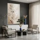 Botanik Çiçek Sıcak Bej Tonları Tekli Beyaz Metal Çerçeveli Cam Tablo Duvar Salon