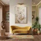 Botanik Çiçek Sıcak Bej Tonları Tekli Gold Metal Çerçeveli Cam Tablo Ev Dekorasyonu