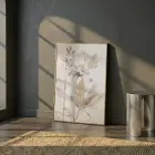 Botanik Çiçek Sıcak Bej Tonları Tekli Gold Metal Çerçeveli Cam Tablo Ev Dekorasyonu