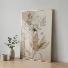 Botanik Çiçek Sıcak Bej Tonları Tekli Gold Metal Çerçeveli Cam Tablo Ev Dekorasyonu