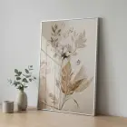 Botanik Çiçek Sıcak Bej Tonları Tekli Gümüş Metal Çerçeveli Cam Tablo Ev Dekorasyonu