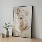 Botanik Çiçek Sıcak Bej Tonları Tekli Siyah Metal Çerçeveli Cam Tablo Salon Oturma