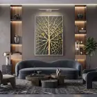 Yaprak Damarı Altın Siyah Tonları Tekli Gümüş Metal Çerçeveli Cam Tablo Duvar Salon