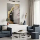 Soyut Yüz Sıcak Altın Tonlar Tekli Beyaz Metal Çerçeveli Cam Tablo Yatak Odası