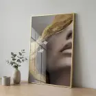 Soyut Yüz Sıcak Altın Tonlar Tekli Gold Metal Çerçeveli Cam Tablo Yatak Odası