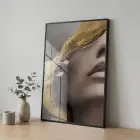 Soyut Yüz Sıcak Altın Tonlar Tekli Siyah Metal Çerçeveli Cam Tablo Poster Dekoratif