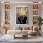 Kadın Portre Metalik Altın Siyah Tekli Beyaz Metal Çerçeveli Cam Tablo Poster Dekoratif
